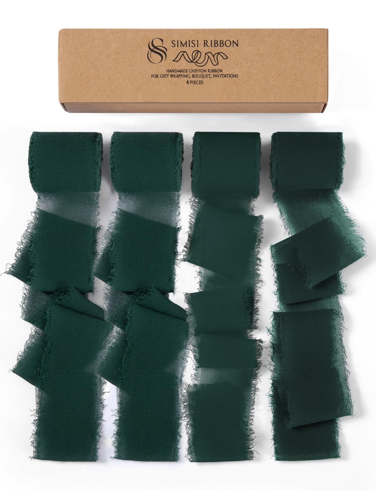 Dark Green Chiffon Silk Ribbon Handmade Frayed Fringe Sheer Boho Ribbon for Flower Bouquet, Gift Wrapping, Wedding Invitations, 1-1/2'' 5 Yards*4 Rolls