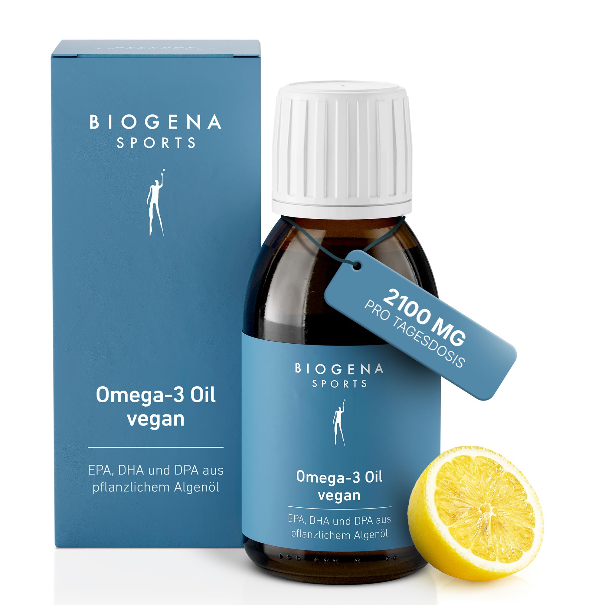 BIOGENA SPORTS Omega 3 Öl vegan - 2100 mg Omega-3 Algenöl - DHA + EPA + DPA aus Mikroalgenöl - Zitronengeschmack - Kölner Liste® - Made in Austria - 150ml
