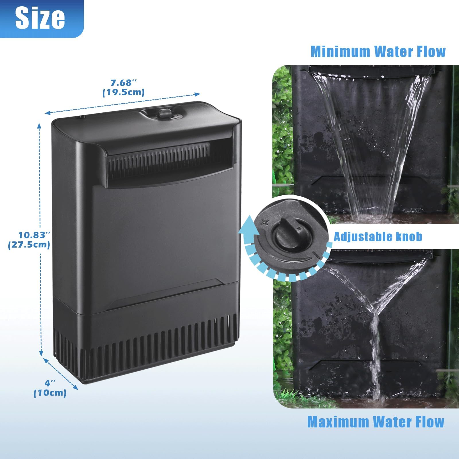 Filtro de tanque de tortuga 290GPH para acuario de 20-85 galones, bajo nivel de agua compatible con 2.6 pulgadas, flujo ajustable con filtración cristalina transparente para camarones de agua salada d