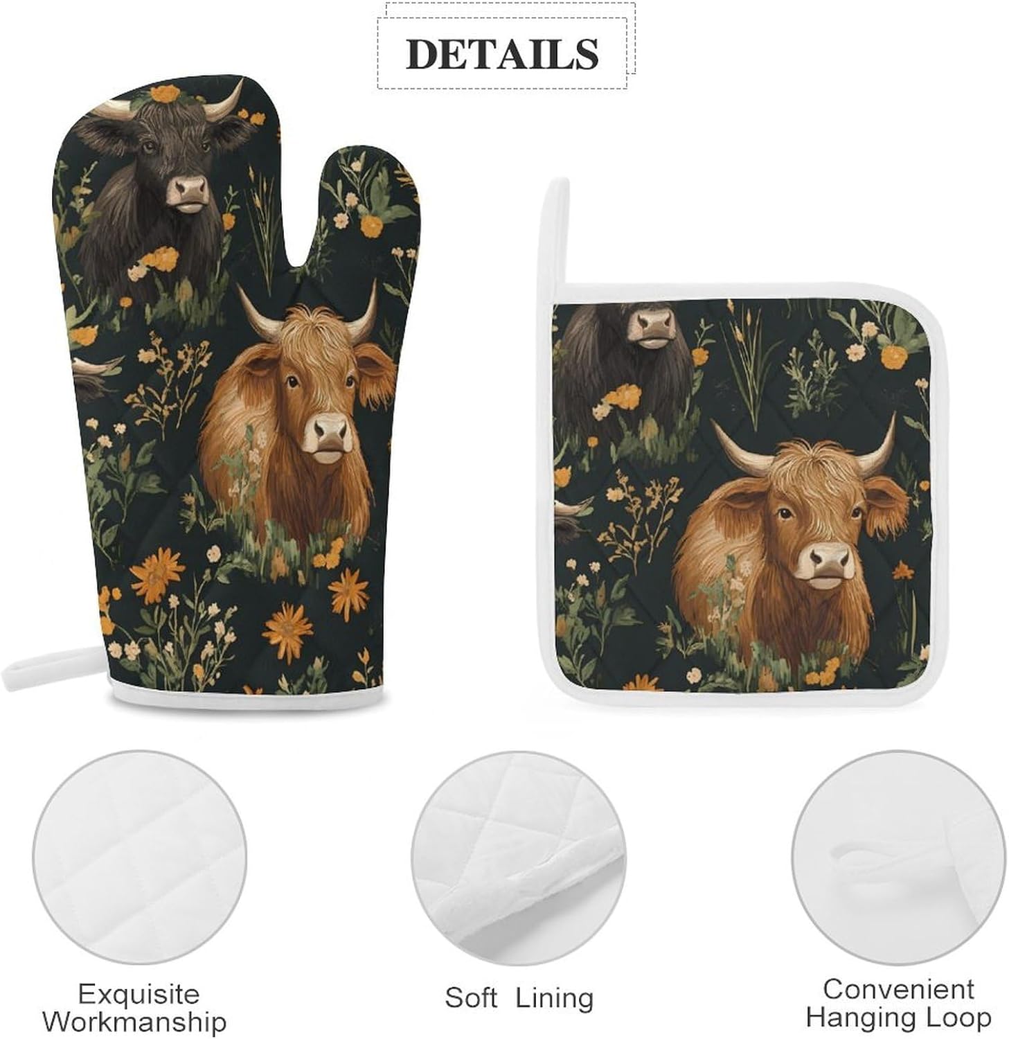 Highland Cows and Flowers Oven Mitts and Pot Holders 4Pcs Set Heat Resistant Cooking Mitts Hot Pads