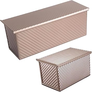 2 Pack Pullman Loaf Pan with Lid, 2.2 LB & 1 LB Dough Capacity, Non-Stick Carbon Steel Corrugated Bakeware Toast Mold for Baking Sandwich and Sourdough