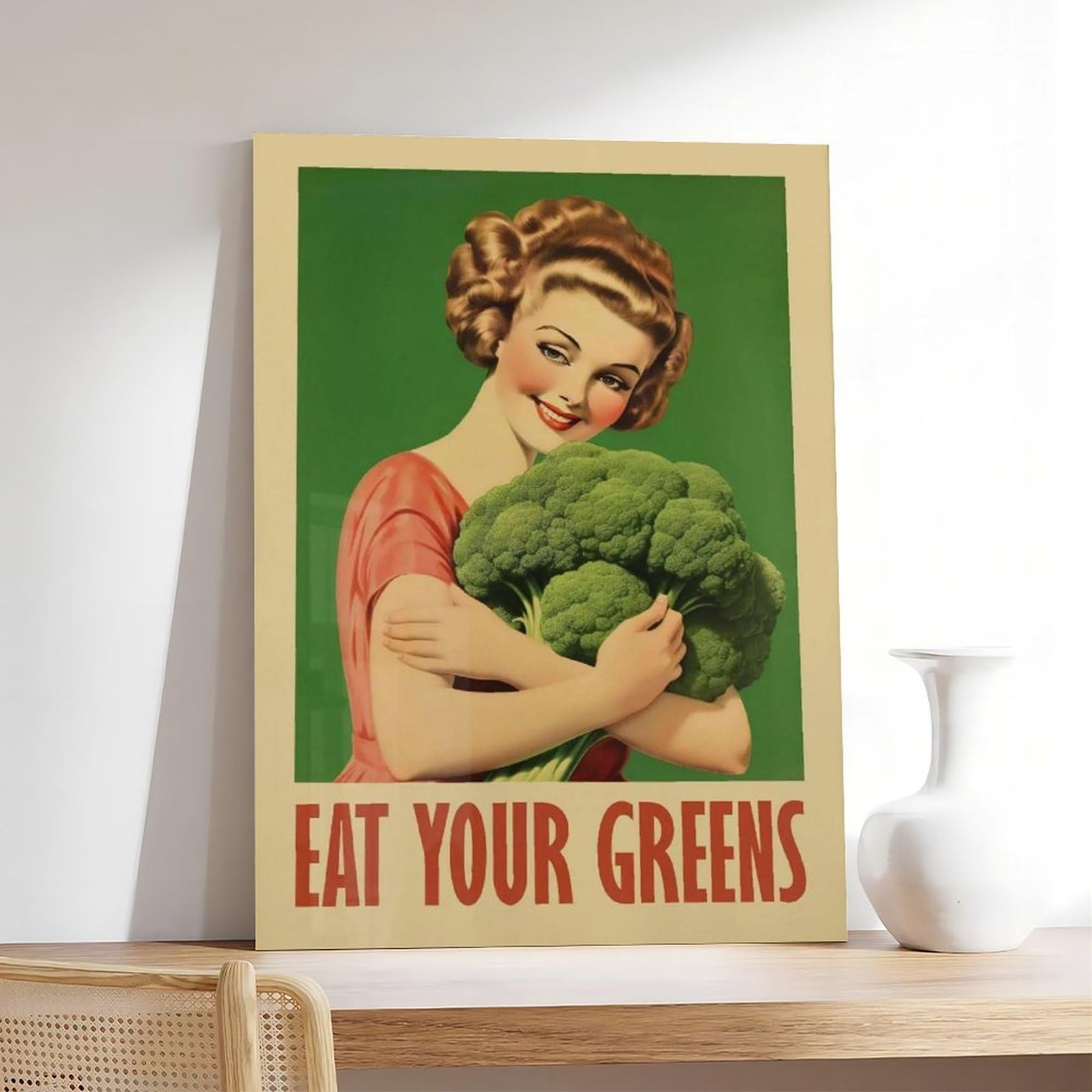 OAHFDF Leinwandposter "Eat Your Greens", Brokkoli, Vintage-Stil, Wandkunst, Dekordruck, Bild Gemälde für Wohnzimmer, Schlafzimmer, Dekoration, 50 x 75 cm