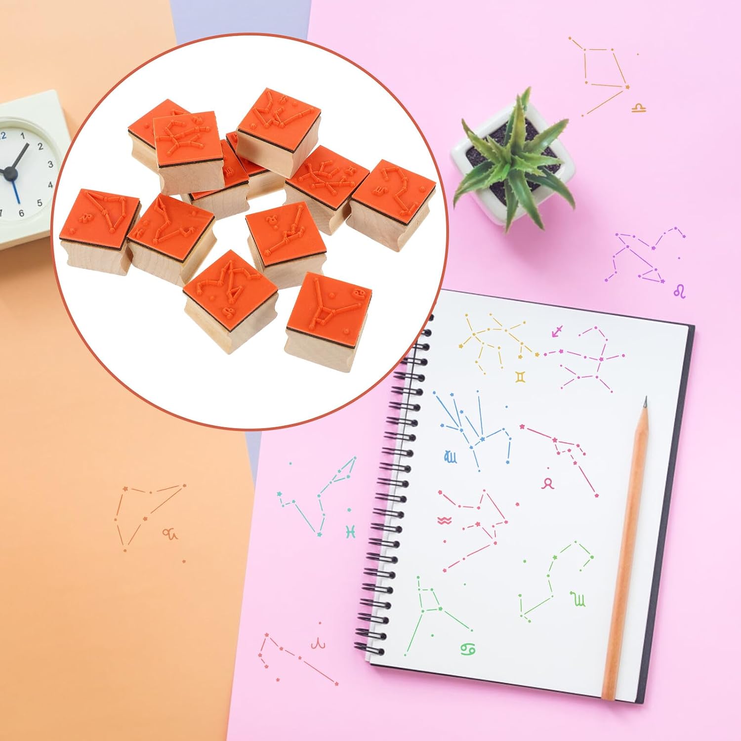 12Pcs Constellation Wooden Stamps Set for Scrapbooking DIY Crafting, Mixed Zodiac Designs with Flower Elements, Decorative Rubber Wood Stamps for Journal and Photo Album Decoration