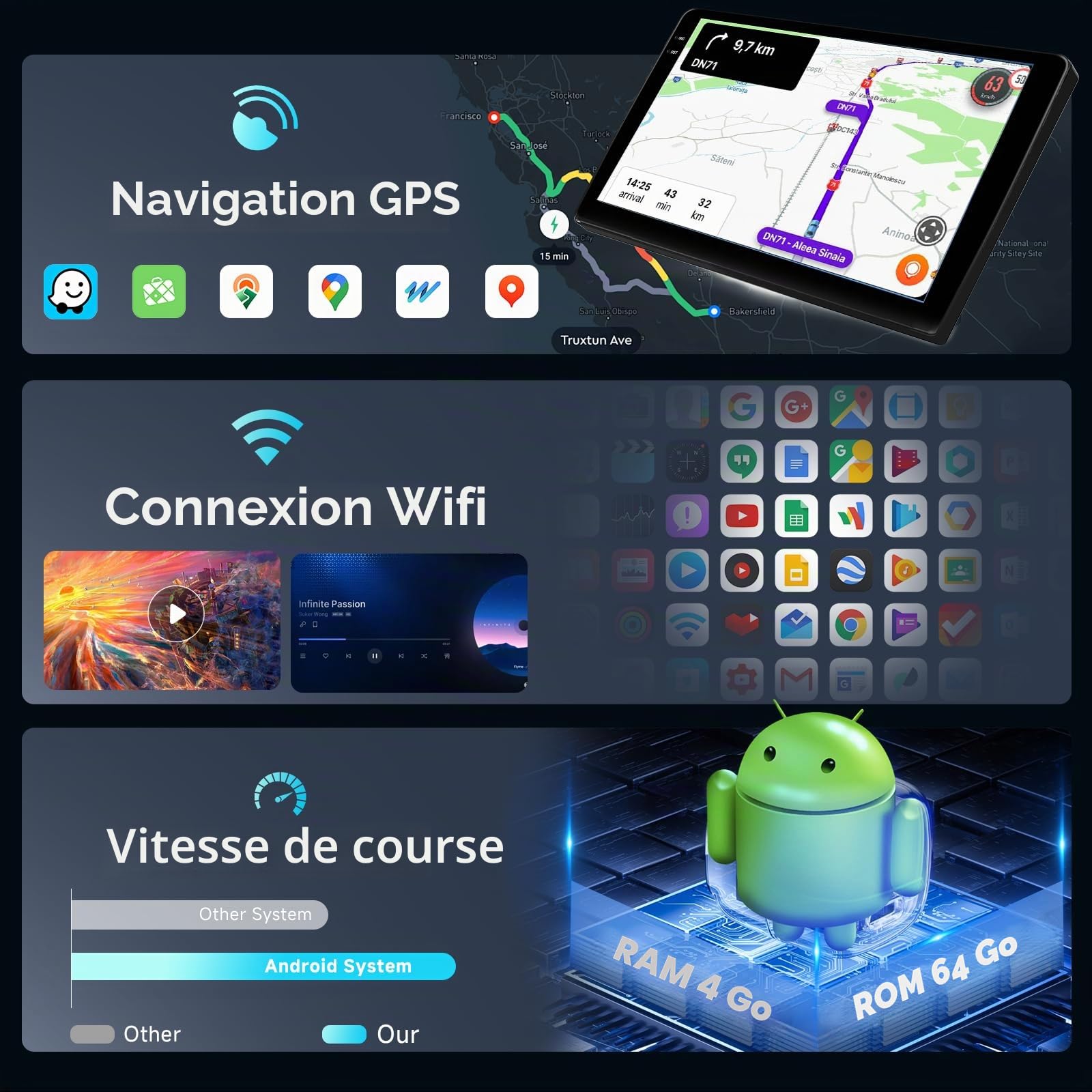 Hodozzy 4G+64G Autoradio pour Peugeot 308 408 2007-2015 Android Écran Tactile 9 Pouces GPS Carplay Android Auto sans Fil, Poste Radio Voiture 2 Din Bluetooth DSP WiFi Radio FM RDS Navigation Caméra