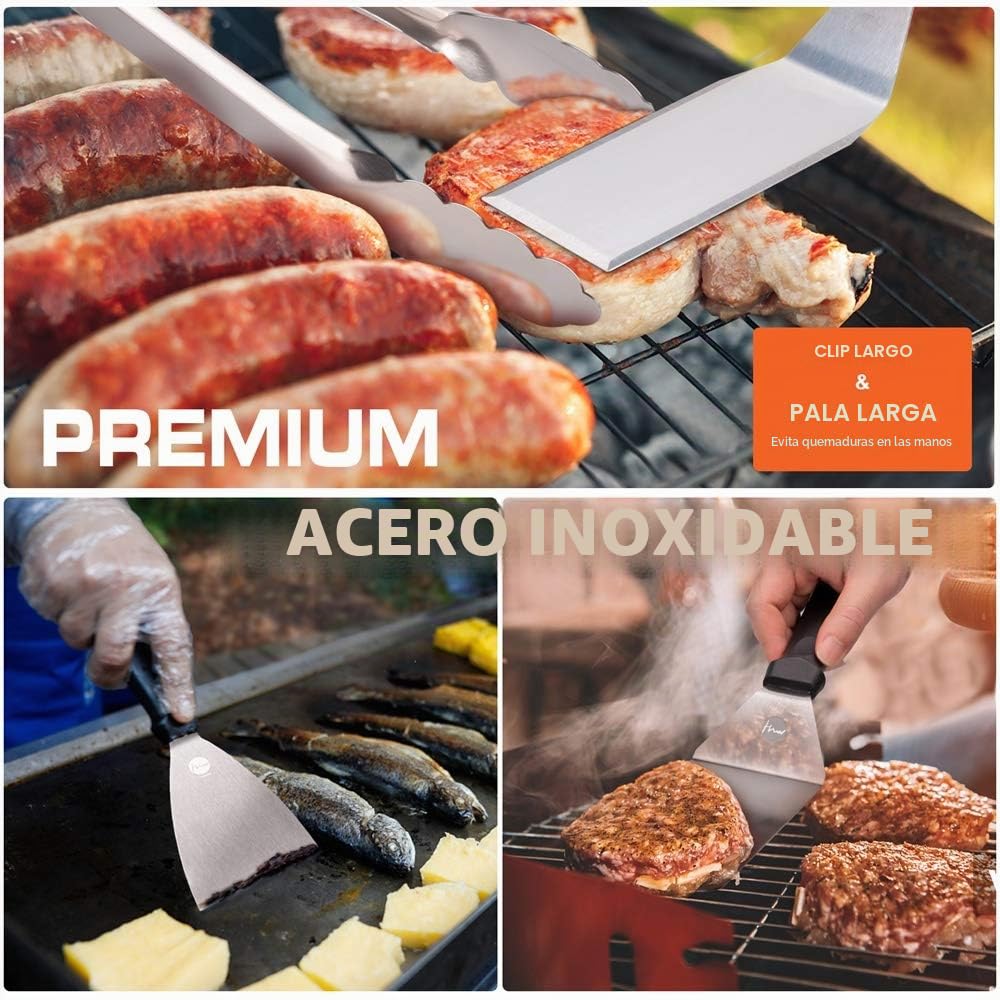 Huolewa 9 Piezas Conjunto de Espátula para Barbacoa, Juego de Barbacoa de Espatula Plancha de Acero Inoxidable, Herramientas de Espátula para Grill, con Cepillo, Botella y Bolsa de Almacenamiento