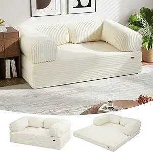 COMAX Folding Sofa Bed Queen, Foldable Couch Bed, Fold Out Futon Chair Sleeper for Adults, Convertible Floor Mattress Sofa for Bedrooom Living Room Guest Room, Faux Fur Light Beige