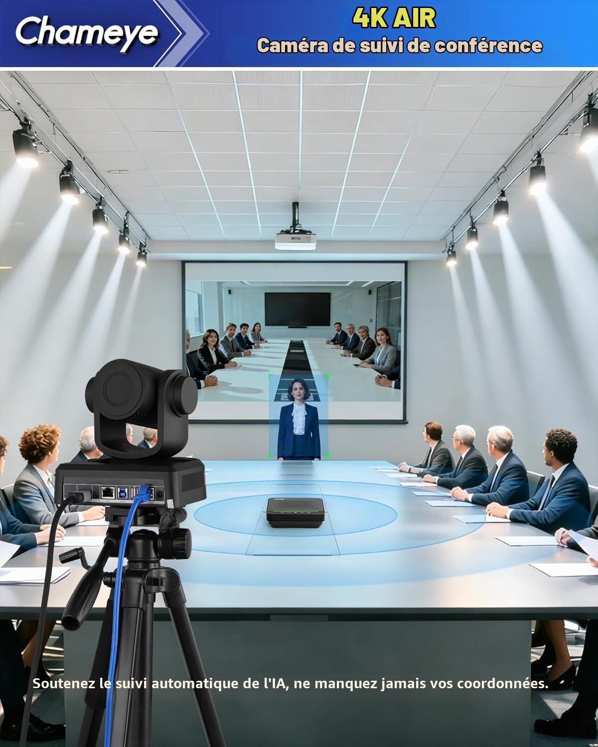 Chameye 4K PTZ Caméra de Conférence avec Haut-Parleur Bluetooth 20X Zoom Suivi Automatique AI USB3.0 HDMI PTZ Caméra Vidéoconférence pour Éducation Teams Zoom (CB201)
