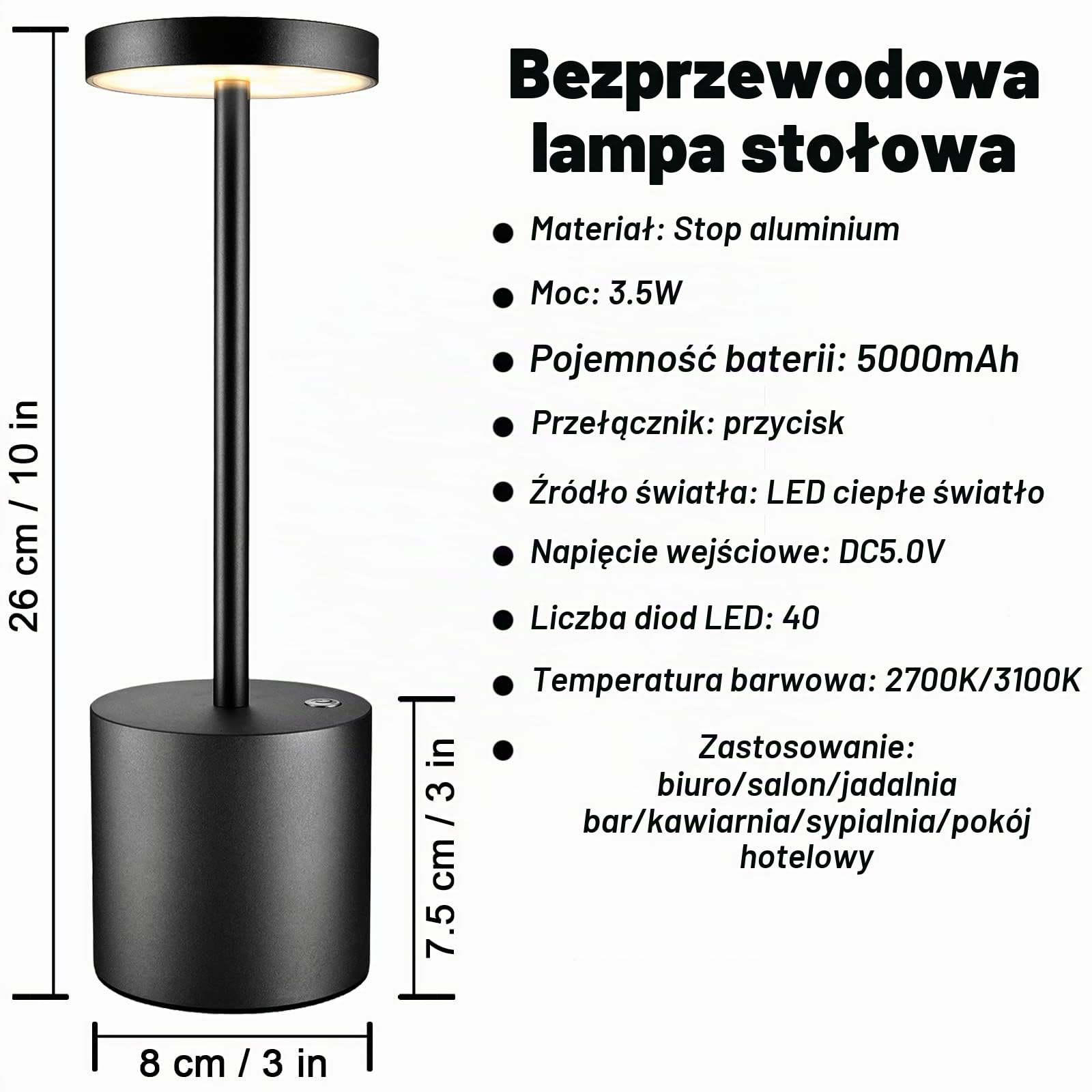 2 szt Bezprzewodowa Lampa Stołowa, Akumulator 5000mAh, Cały Materiał ze Stopu Aluminium, Bezstopniowe ściemnianie, Do Bufet Para Kolacja Restauracja Sypialnia, 2pcs Czarny