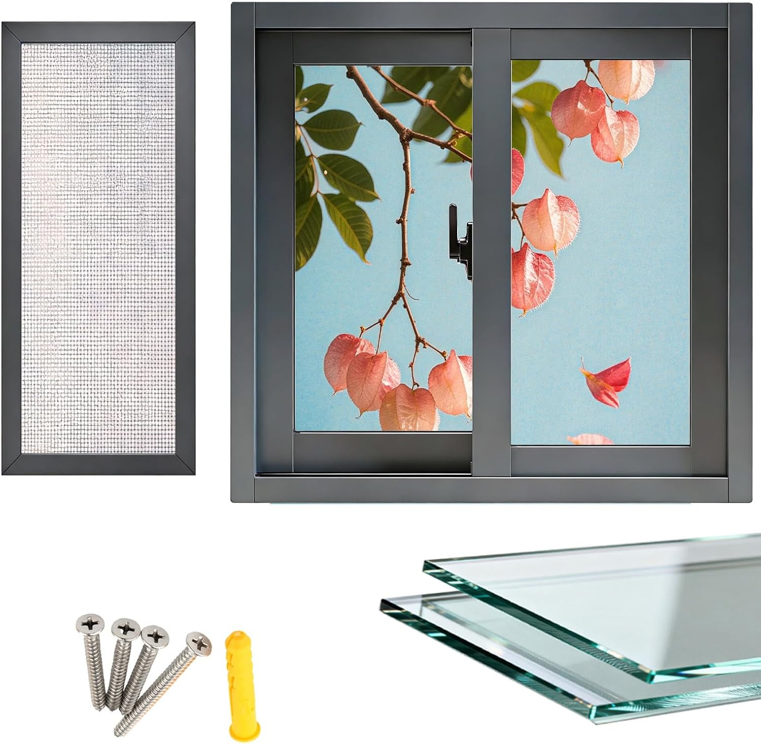 Basement Replacement Window Horizontal Sliding Shed Window Household Slider Windows 24"x 24" 24"x 36" 30" x 12" 36"x36"Aluminum Alloy Storm Windows with Screen and Tempered Glass(Black,WxH: 22x24in)