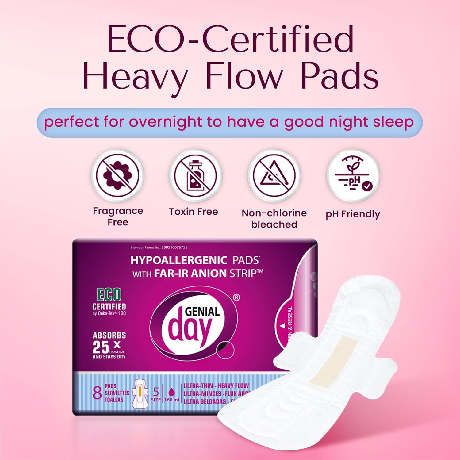 Hypoallergenic Heavy Flow Pads with FAR-IR Anion Strip, Super Absorbent, Breathable, Vegan and Eco-Certified, Ultra Thin with Wings, Count 72 (Heavy)