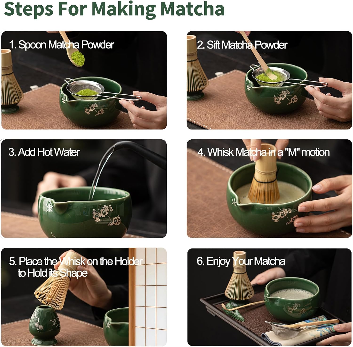 Matcha Whisk Set, Ceramic Matcha Kit Set Includes Matcha Bowl, Matcha Whisk and Holder, Bamboo Scoop and Spoon, Scoop Rest, Sifter and Tea Towel - 8 Pcs Matcha Kit for Matcha Lovers, Green