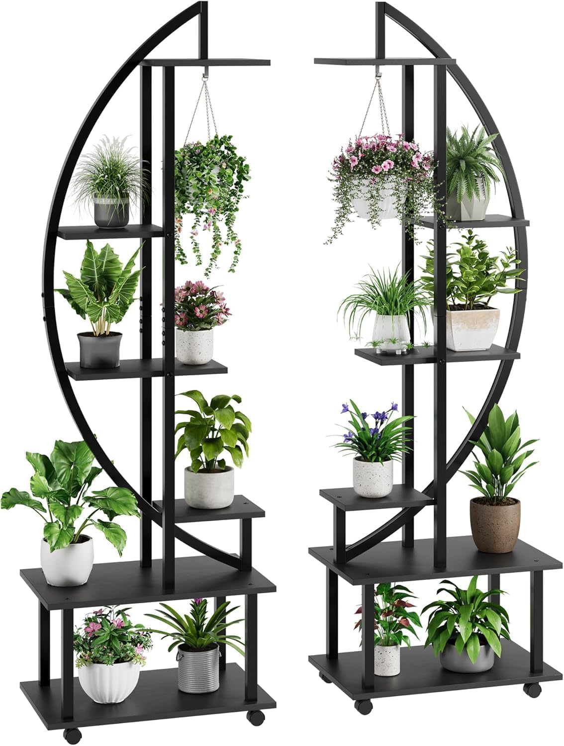 Lot de 2 175Cm Grand Support pour Plantes 6 Niveaux,Grande Étagère à Plantes Demi-Lune intérieur/extérieur,Etagère de Présentation sur Roulettes Amovibles & Crochets pour jardin,balcon,parlor