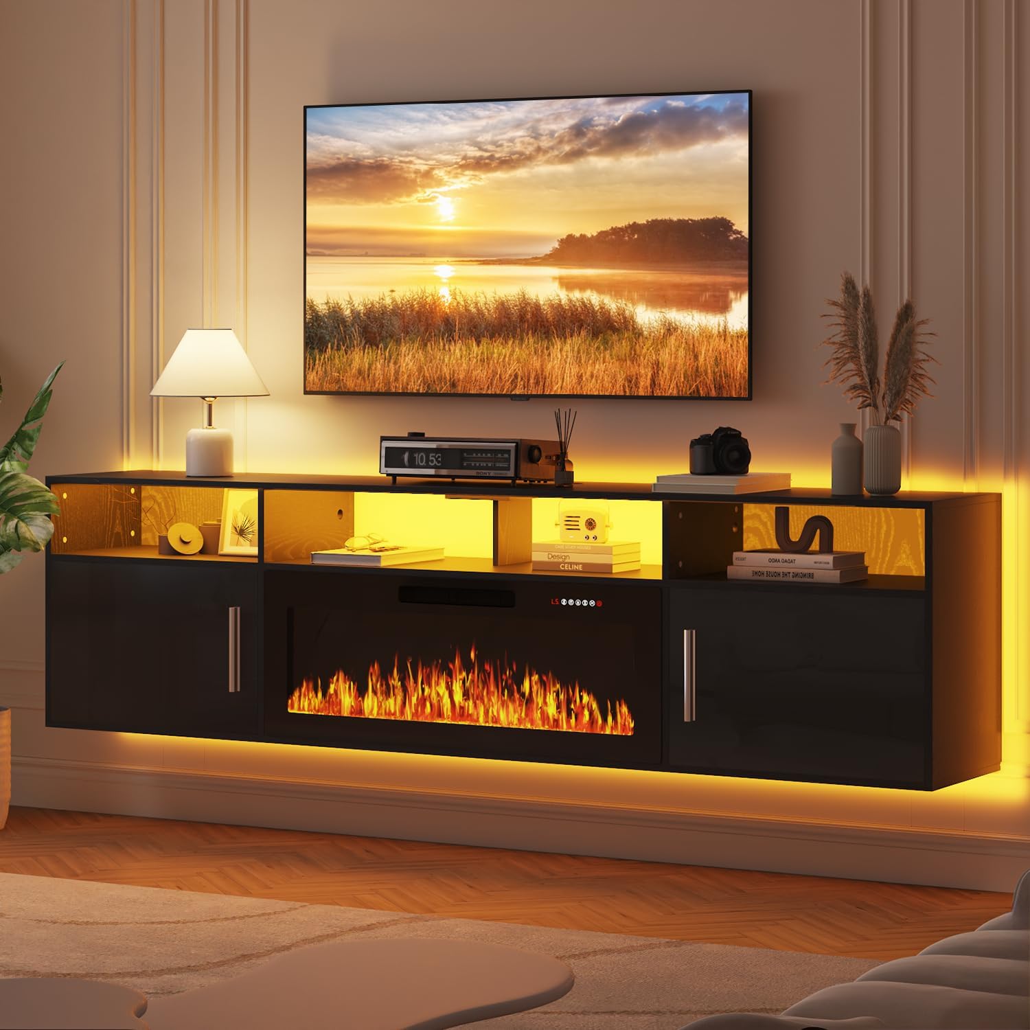 LEMBERI Floating Fireplace TV Stand 80'' Wall Mounted Shelf, LED Light Entertainment Center and Storage, Modern Wood Media TV Console with Highlight Cabinet for Living Room