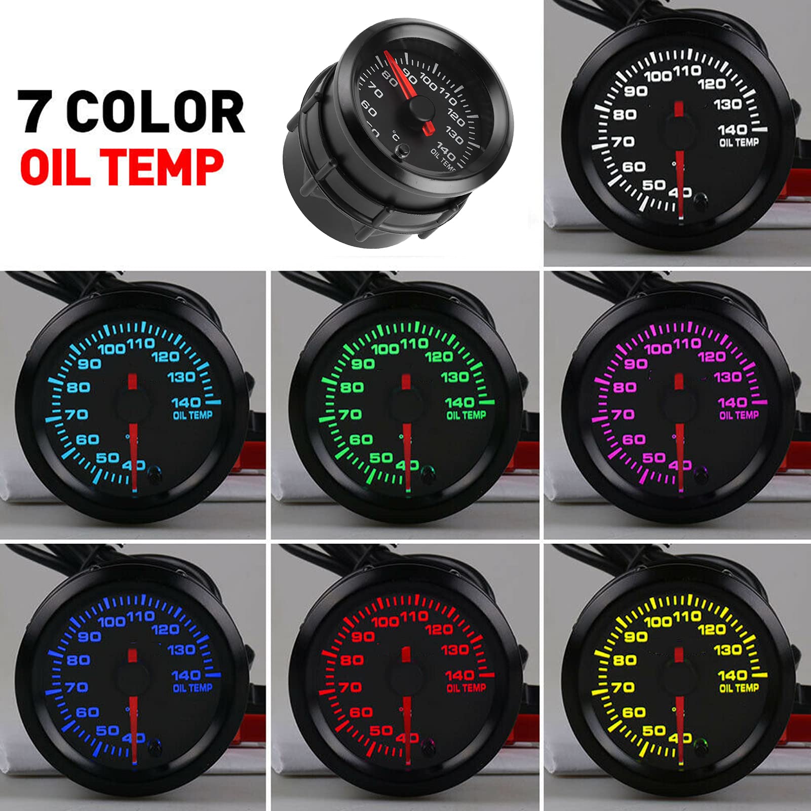 Jauge de Température D'huile de Voiture, Jauge de Température D'huile 2in 12V 40-140 ℃ Affichage 7 Couleurs Rétro-éclairage avec teur Universel replacement pour Voiture