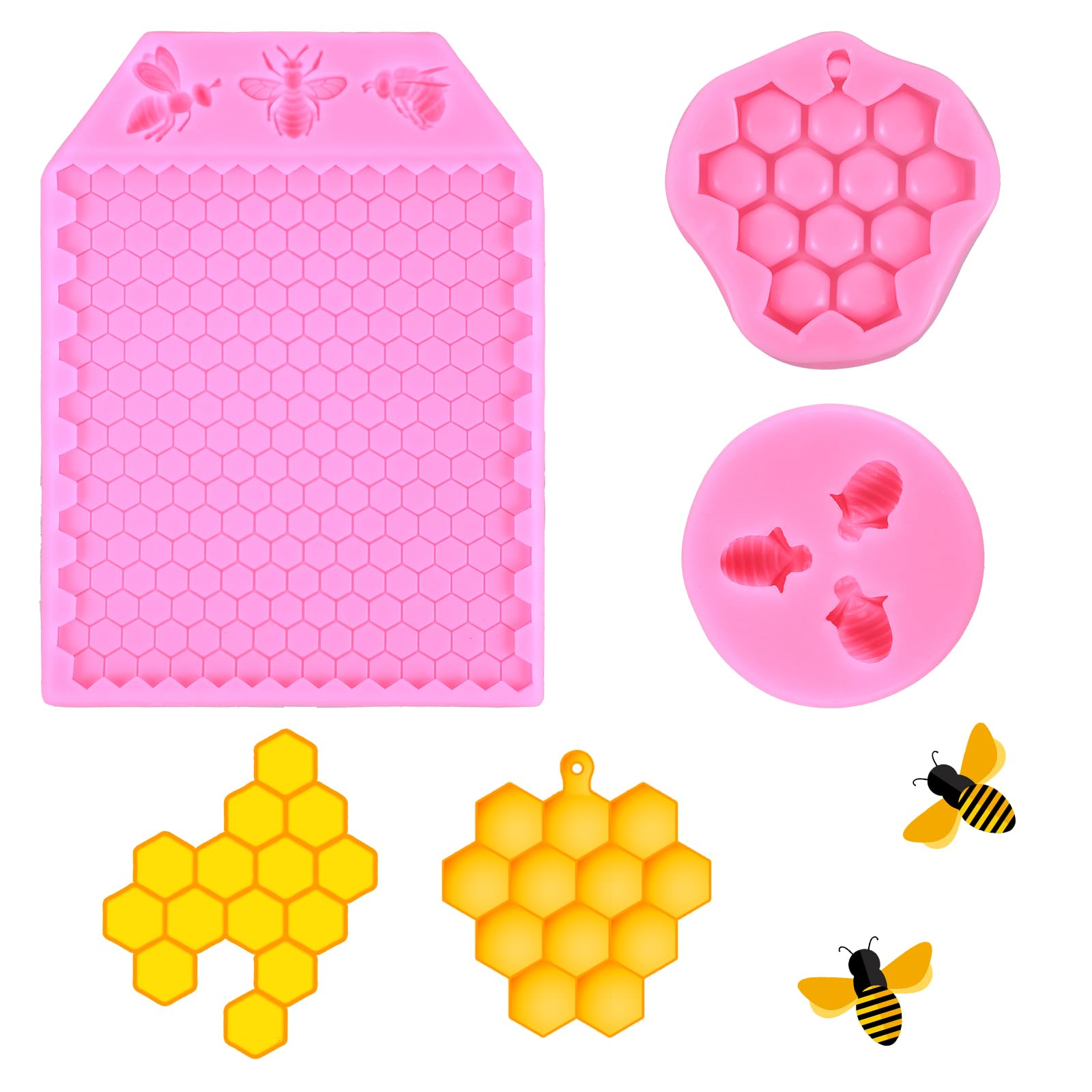 Lot De 3 Moules En Silicone Forme Nid D'Abeille Et Abeille - Pour Chocolat, Fondant, Cupcakes - Décorations Pâtisserie