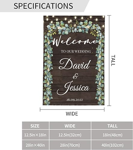 Miniatura 4 de Bandera de boda, 12 x 18 pulgadas, luces de madera personalizadas de doble cara, hojas elegantes, bandera de boda con nombre y fecha, señal de