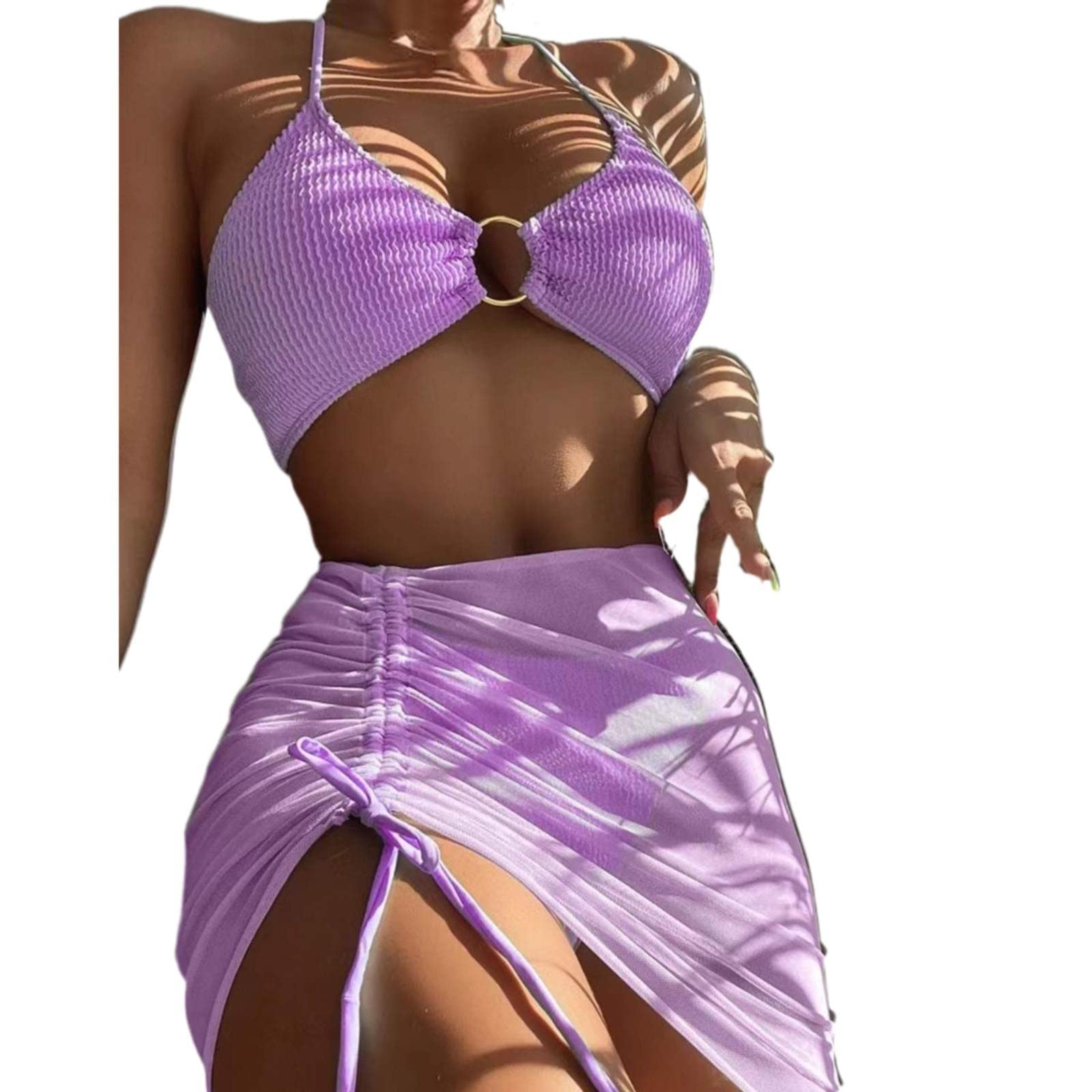 Damskie 3-częściowe stroje kąpielowe wiązane na szyi bikini z zakrytą spódnicą, czerwony, S