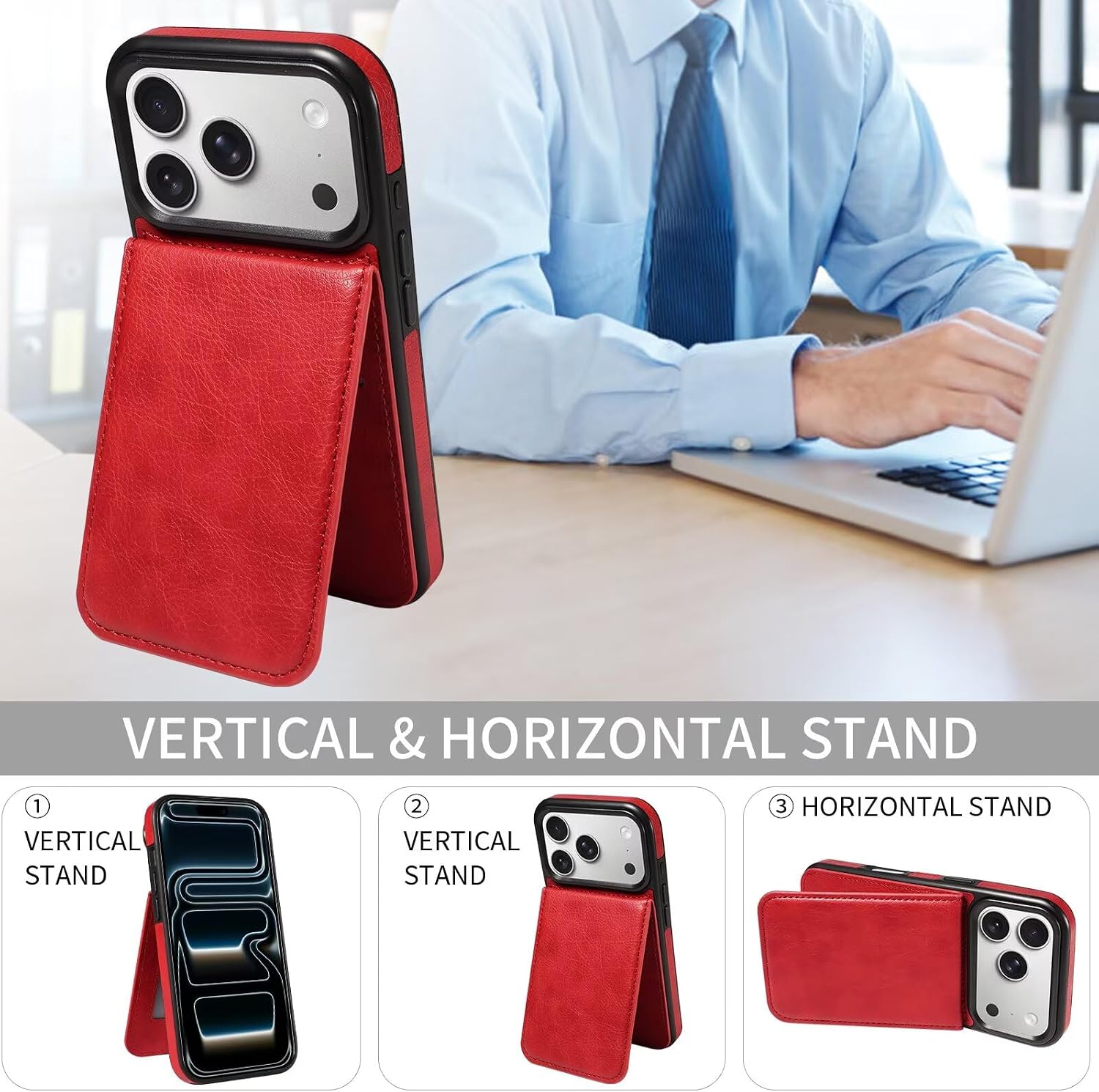 Compatible with iPhone 17 Pro Wallet Case with Card Holder, Ejector Pin & SIM Card Storage, PU Leather Kickstand Card Slots Case Shockproof Protective Phone Case Cover Red