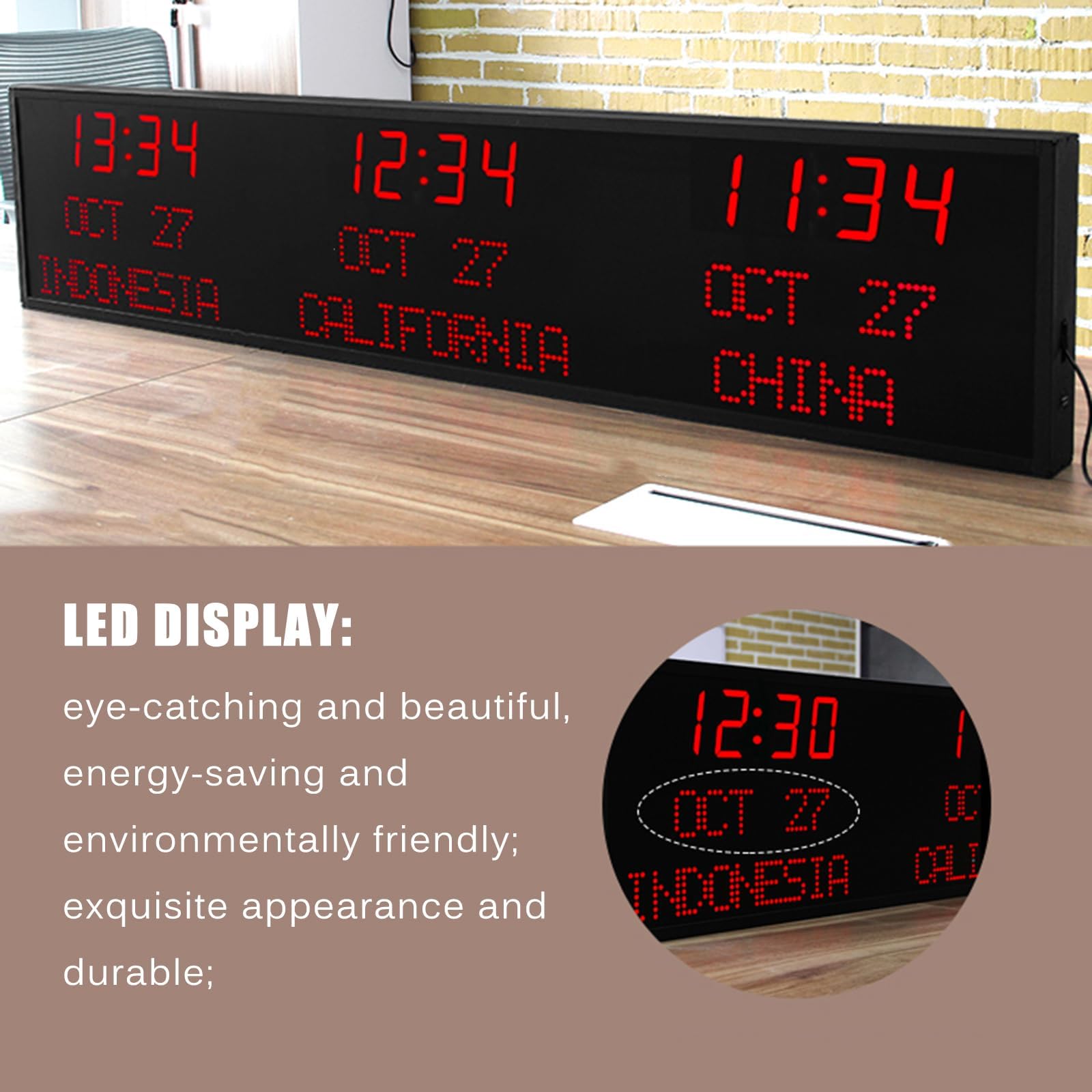 Orologio digitale con fusi orari mondiali, orologio LED multi-fuso orario con nomi modificabili della città, data e visualizzazione 12/24 ore per uffici e hotel