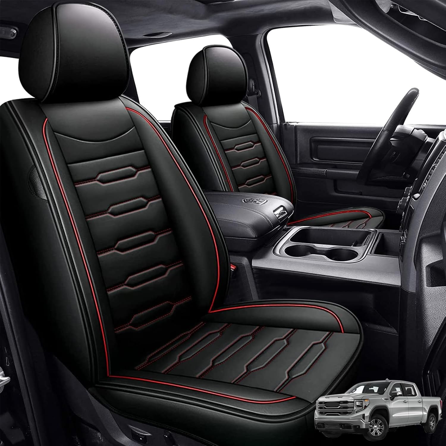 AOMSAZTO Car Seat Covers Full Set Fit for GMC Sierra:2013-2026,Leather Seat Covers for Trucks Waterproof Auto Seat Protector Vehicle Cushion Covers(5 Seat,Black&Red)