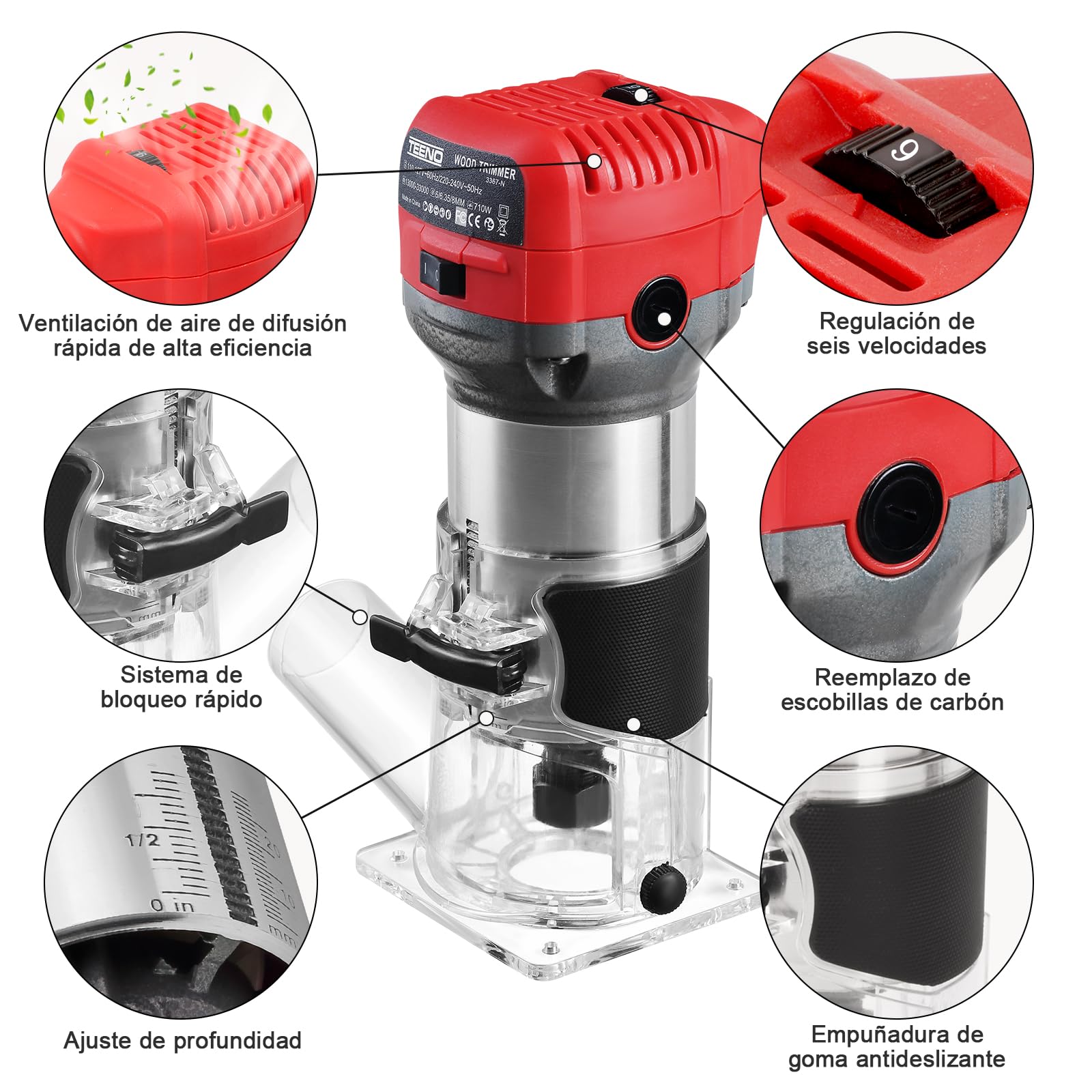 TEENO Fresadora De Madera Rebajadora Eléctrica 800W 13000-33000 RPM CON EXTRACTOR DE POLVO,5 piezas 1/4'' Alicates, 6 Velocidades Variables, Pinza De Base Fija De 6/6.35/8MM,Con Bolsa de lona