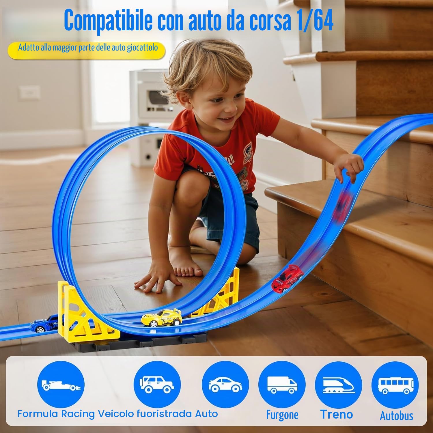 Pista per auto da corsa 5M Include 4 auto, Pista da corsa per auto con loop e pista a U, rotola su rampe a doppia pista da corsa, autostrada fai-da-te, giocattolo portatile pista per auto da