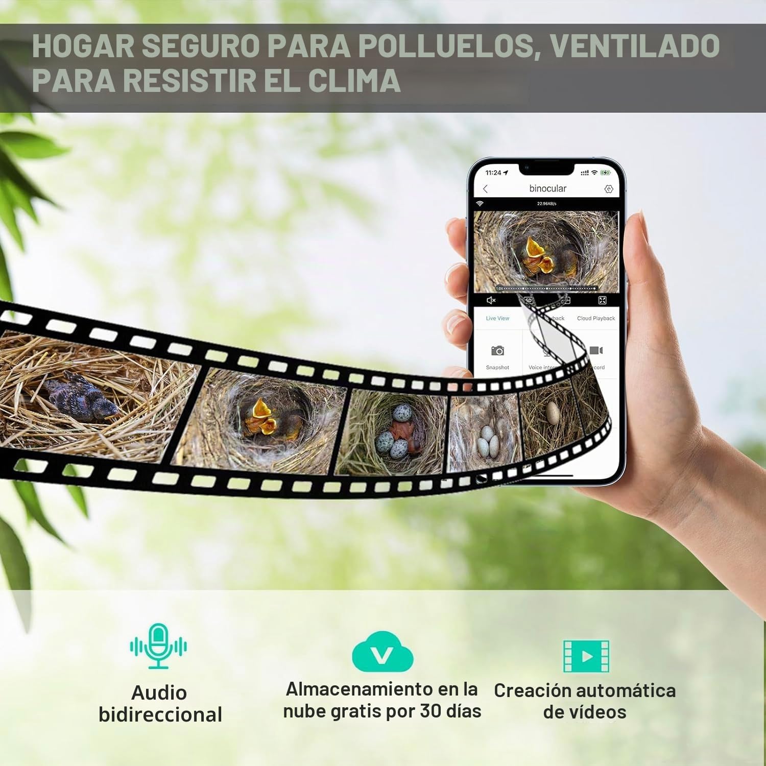Pajarera con cámara, Nido de 5MP HD para Exteriores, 2,4 G WiFi y notificación por aplicación, observa la anidación y la eclosión, grabación automática de vídeos de pájaros y detección de Movimiento
