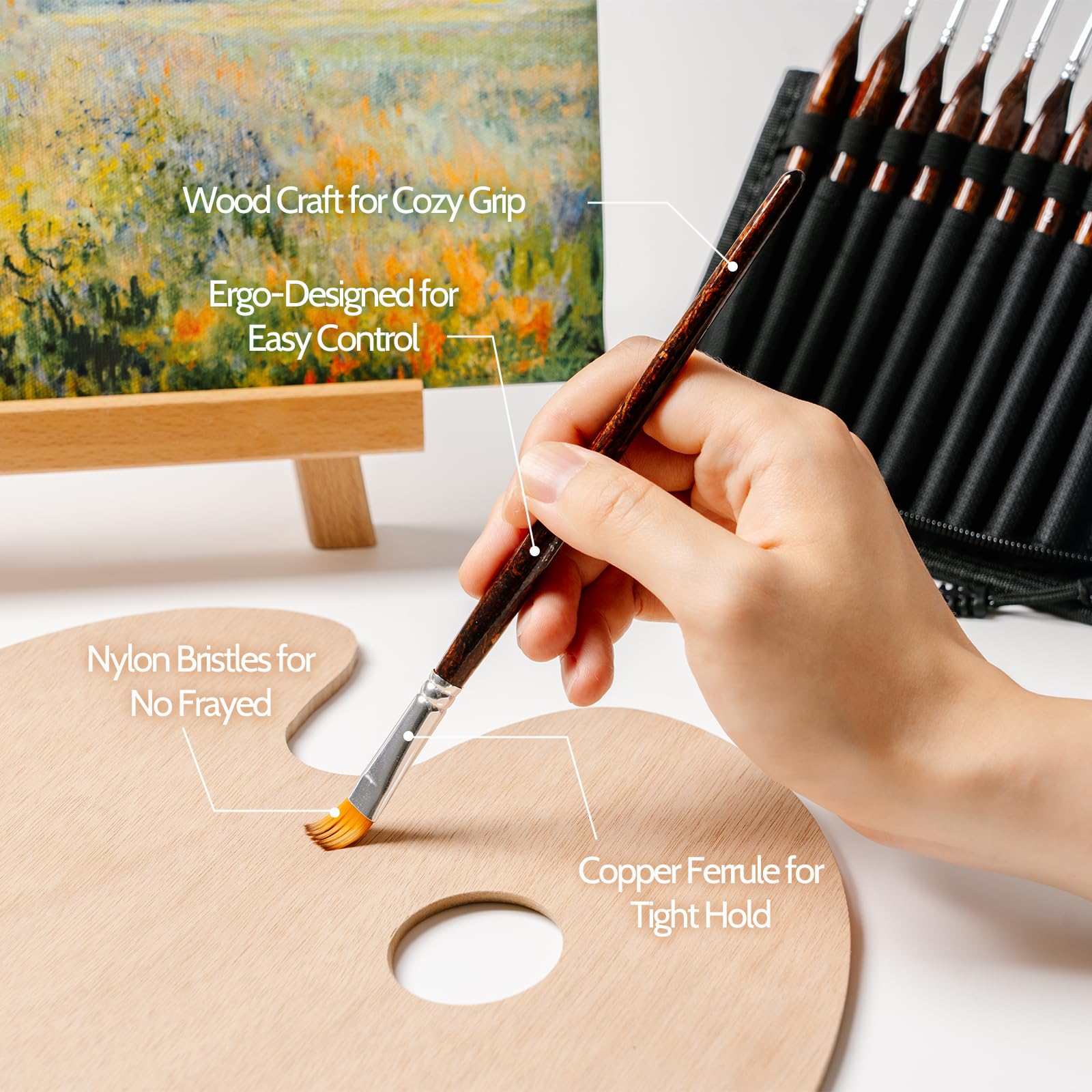 Juego de 20 pinceles de pintura en miniatura, cerdas de nailon, mango de madera natural, juego de pinceles para pintura acrílica, pincel de pintura de detalles con estuche de transporte
