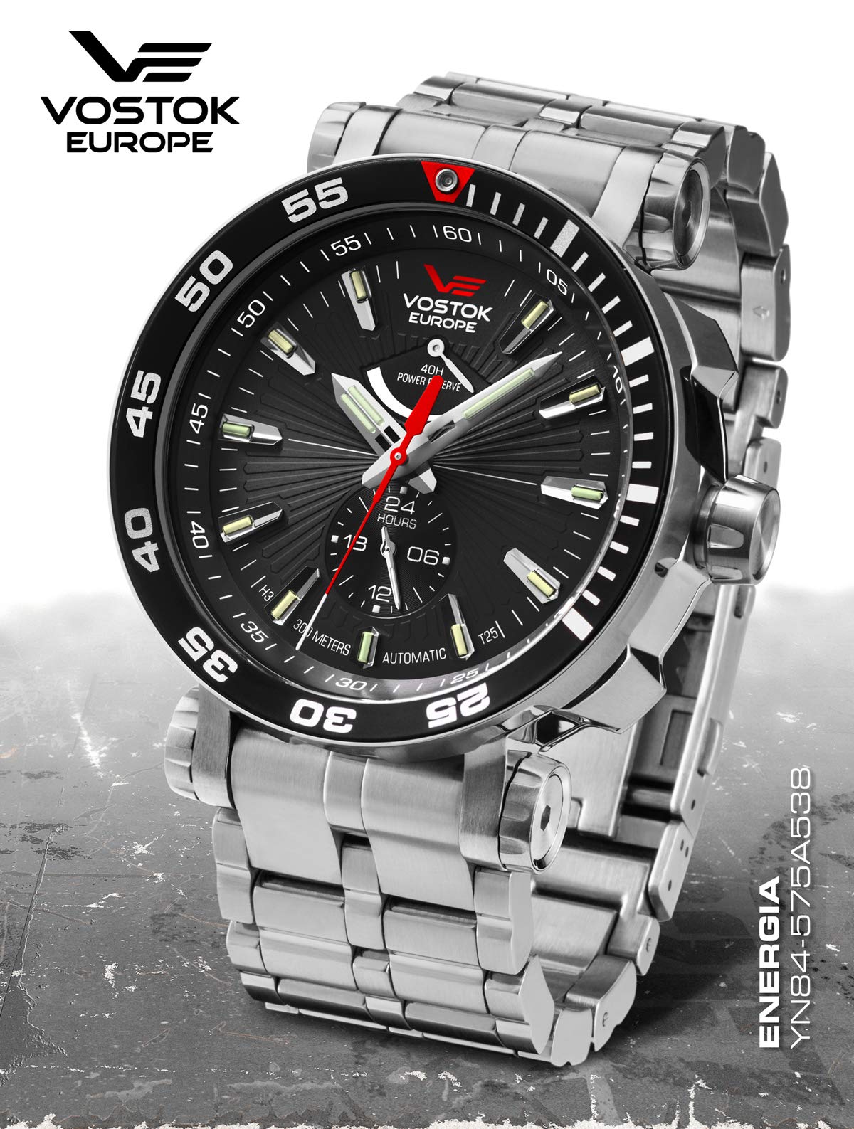 Vostok Europe YN84 Energia Rocket Herrenuhr mit Edelstahl-Armband, automatische Reserve, 30 ATM, Datum