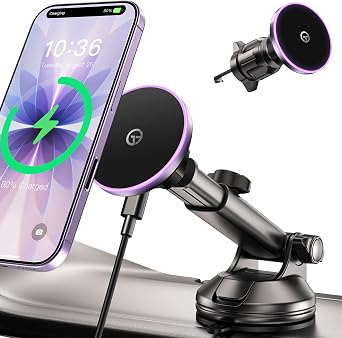 for MagSafe Car Mount Charger Dash Vent Windshield Wireless Car Charger with LED Light, Magnetic Phone Holder for Car for iPhone 17 16 15 14 13 12 Series, Fit MagSafe Accessories Purple