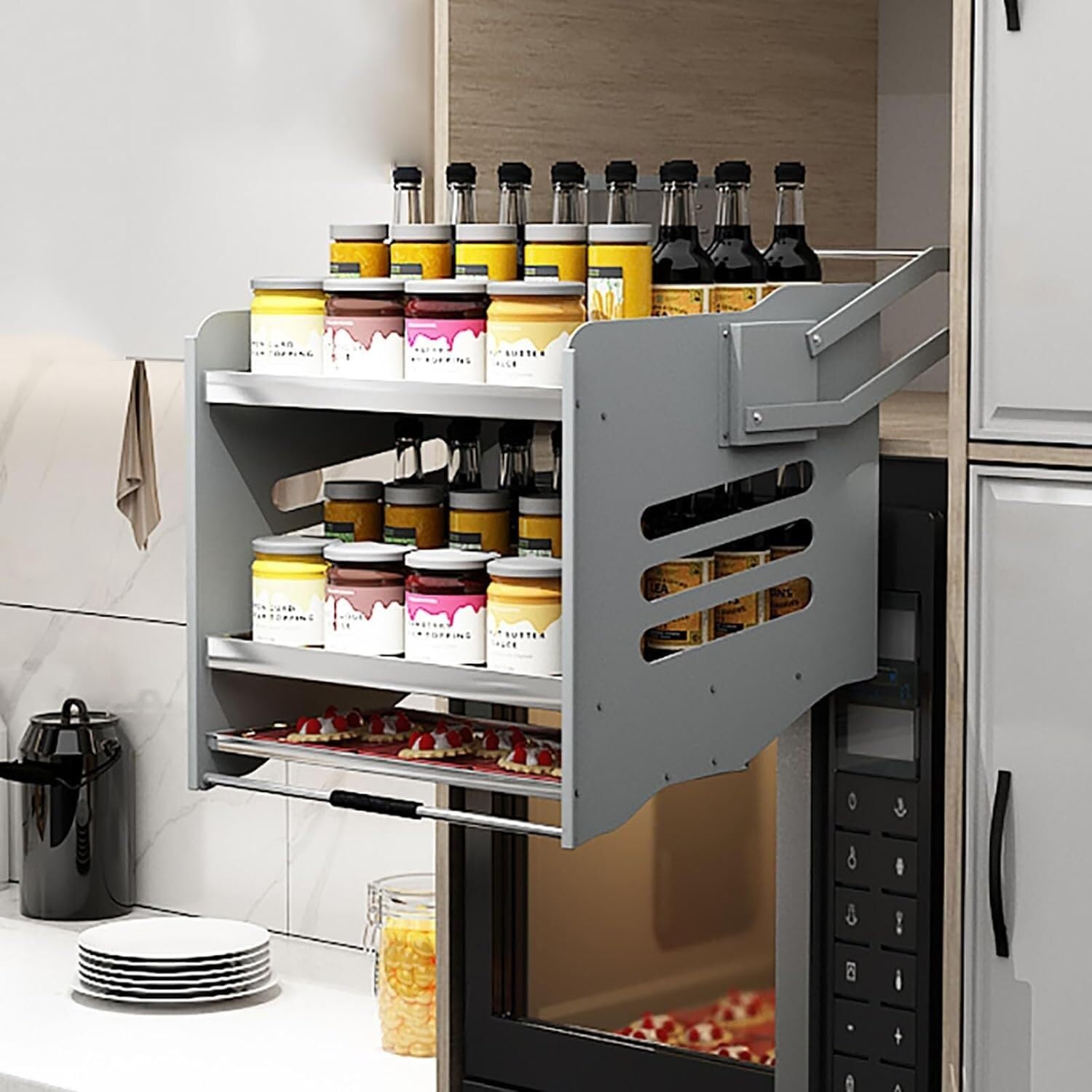 OLSKFUH Kitchen Cabinet Pull Down Shelf Metal Pull Down Shelf Flatware And Spice Rack System Elevated Storage Basket Organiser,18.1