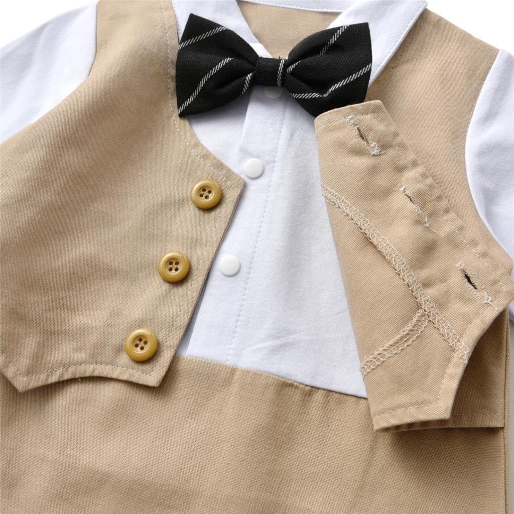 Dressy Daisy Infant Baby Boy One Piece Vest Suit Set with Hat Onesie Gentleman Formal Romper Outfit, Black/Khaki
