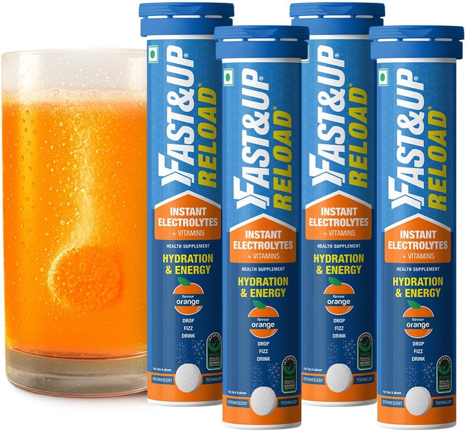 Fast&Up Reload (20 Litres) Low Sugar energy drink for Instant Hydration - 80 Effervescent Tablets with all 5 Essential Electrolytes + Added Vitamins - Certified Electrolytes Drink - Orange flavour