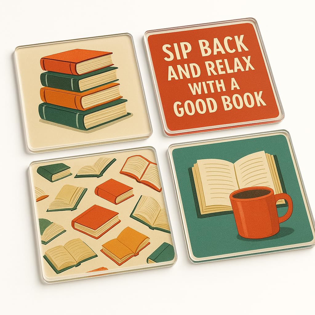 The Plum Penguin Literary Sips Acrylic Coaster Gift Set Of 4 With Vintage Literary Design - Book Lover Home Decor For Bibliophile Celebrations