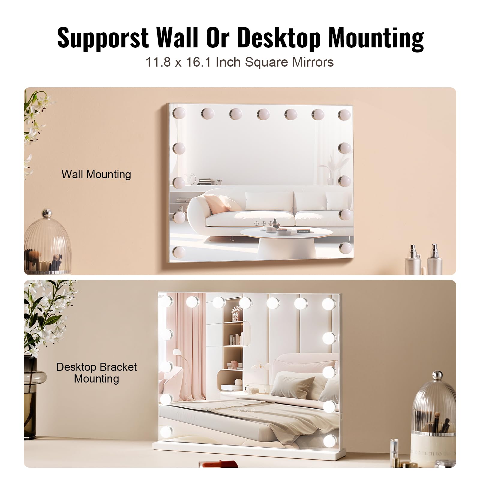 VEVOR Miroir de Maquillage Hollywood avec 15 Ampoules LED Intensité Variable, 3 Modes Éclairage de Couleur, Miroir Grossissant 5X Amovible, Port USB, Contrôle Tactile Intelligent, Support, 580x458 mm
