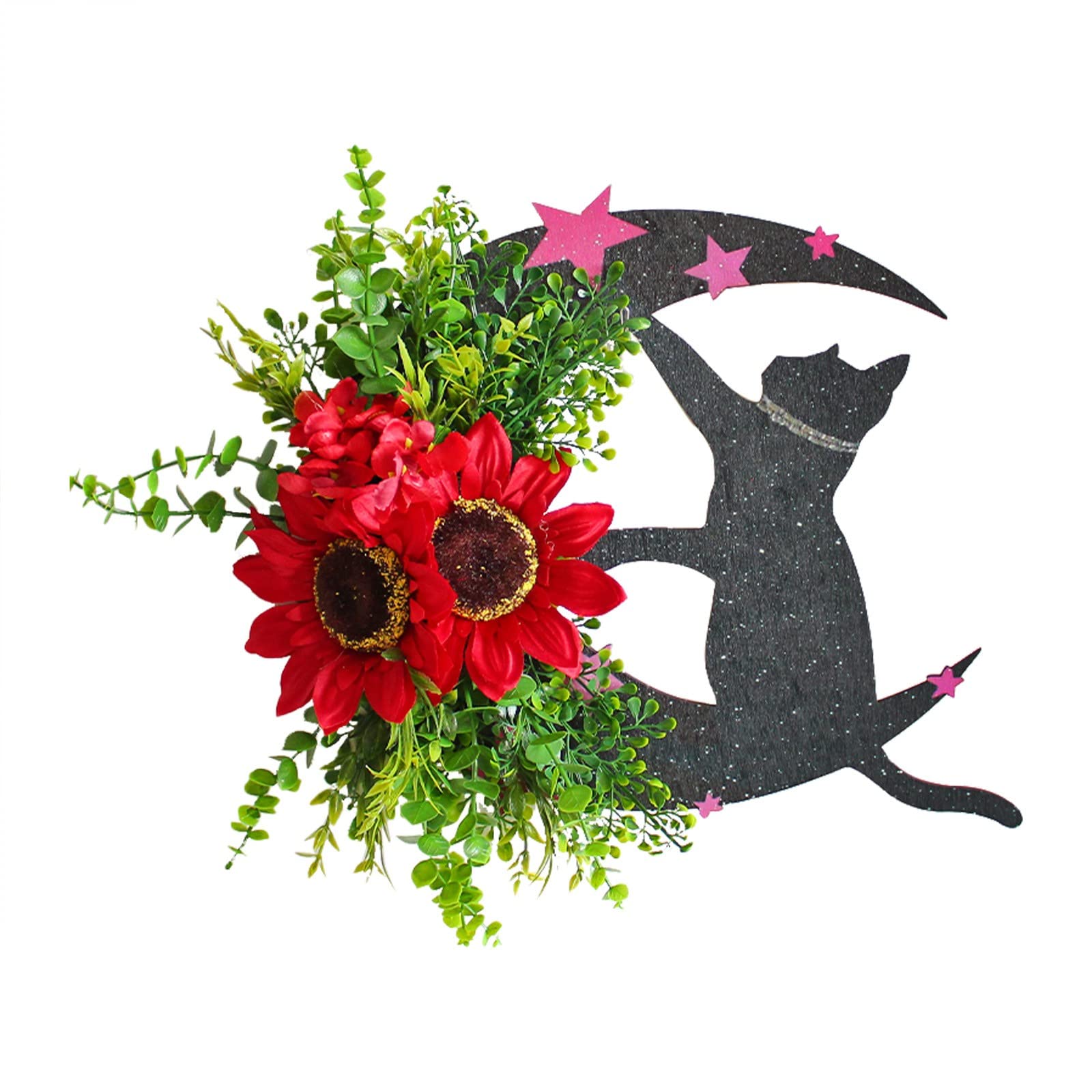 Couronne De Porte Halloween Chat Et Lune - Décoration Murale Réutilisable Pour Intérieur Et Extérieur