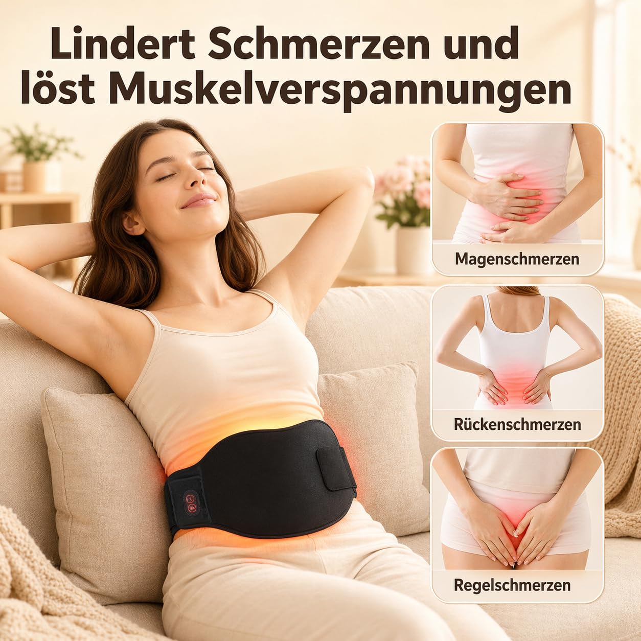 AROMA SEASON Wärmegürtel Periode mit 5000mAh Powerbank, kabelloser Heizgürtel für Bauch, Unterleib und Rücken, weicher Bauchwärmer bei Menstruation mit 3 Wärmestufen