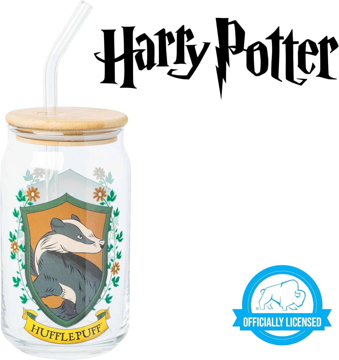 Silver Buffalo Harry Potter Hufflepuff House Crest Glass Tumbler with Bamboo Lid and Glass Straw, 16 Ounces - Image 7
