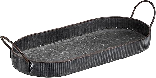 Miniatura 9 de Hipiwe Bandeja ovalada de hierro de metal galvanizado con asa, bandeja de almacenamiento de estilo industrial, bandeja decorativa rústica para mesa