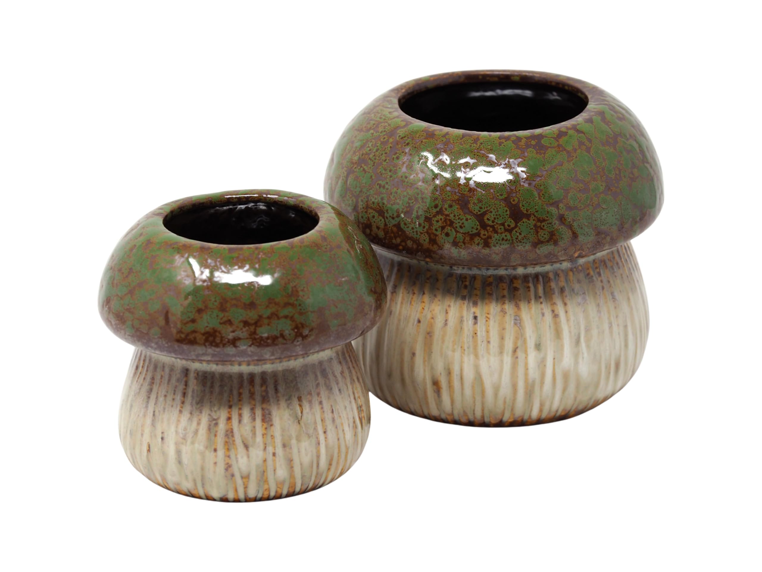 Blue Whale Gifts Mushroom Toadstool Glazed Ceramic Plant Pot Set - Green and Cream - Set of 2
