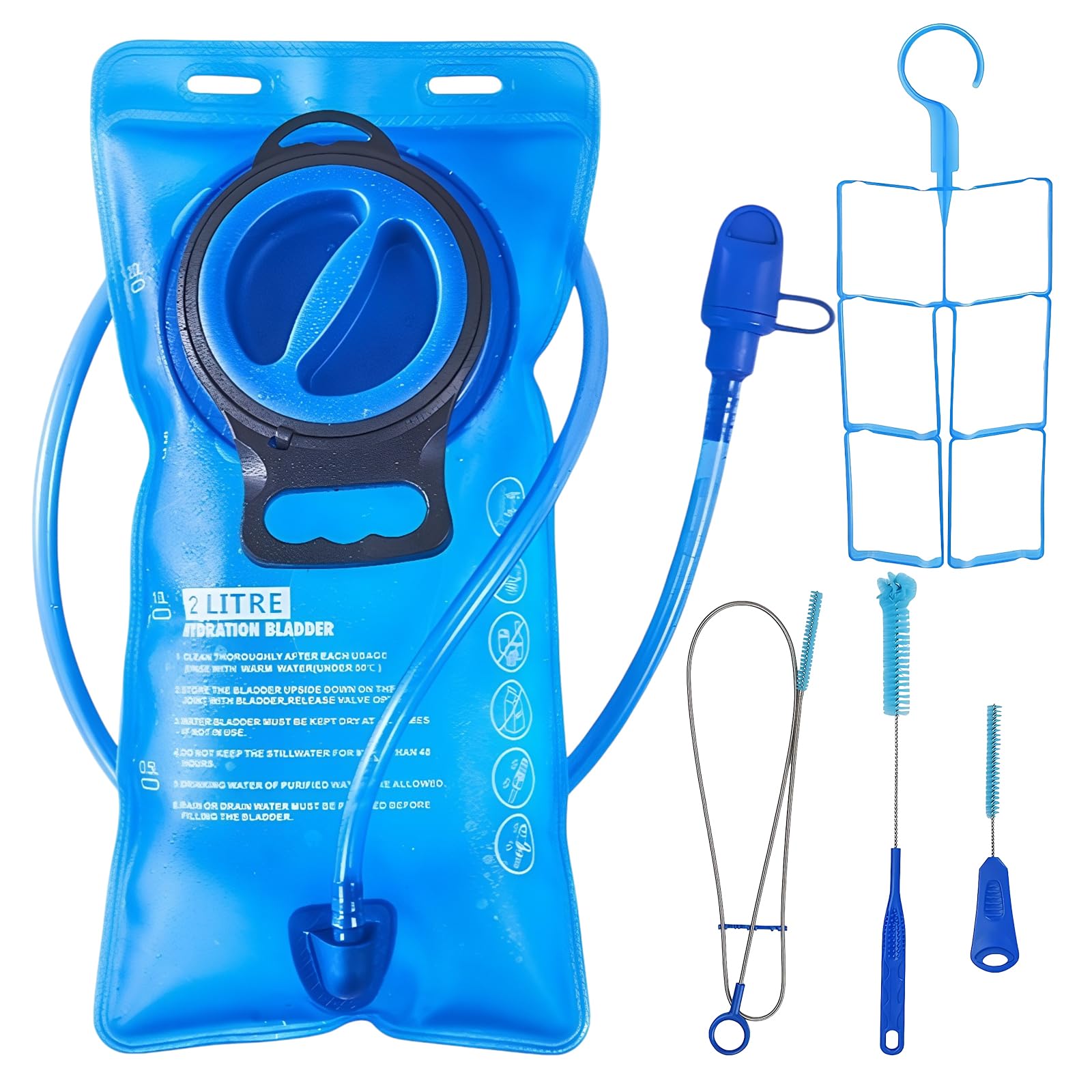 llikknve Hydration Bladder and 4 in 1 Cleaning Kit for Hydration Bladders, 2L Water Bladder for Backpack, Camping, Cycling, Hiking, Running