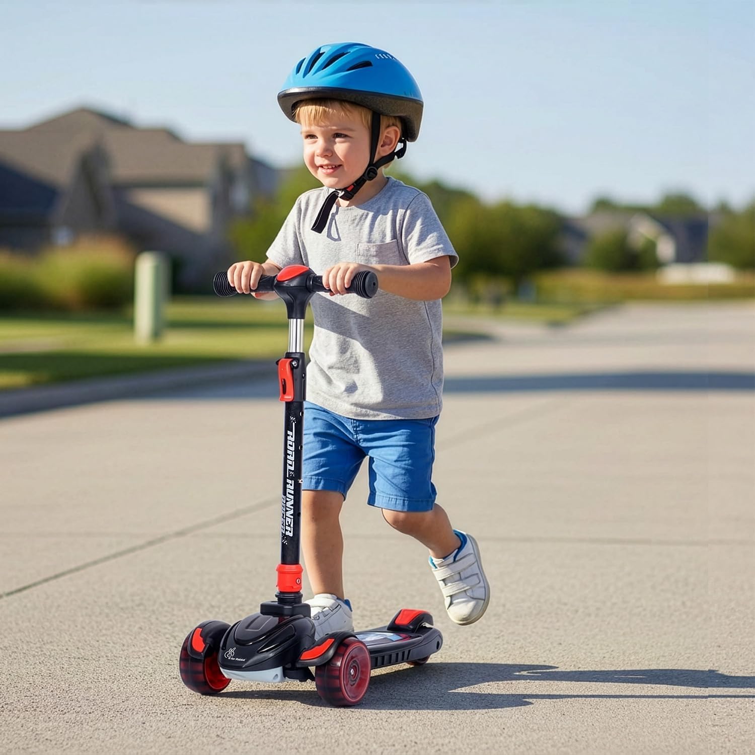 Road Runner Racer Scooter for 3+ Years Kids, 4 Level Height Adjustment, PU LED Wheels & Weight Capacity Upto 75 kgs Kick Scooter (Pure Black)