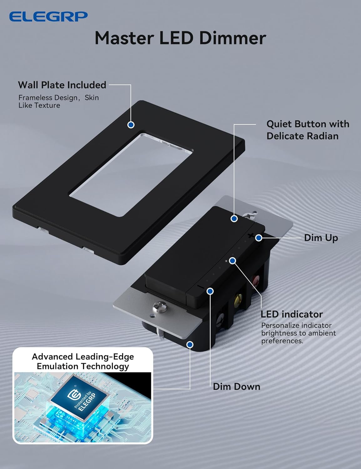 ELEGRP LEDPro™ Multi-Location Dimmer, EDM25BM Master Dimmer Light Switch for LED, Single Pole/3 Way/4 Way, 10 Pack, Matte Black