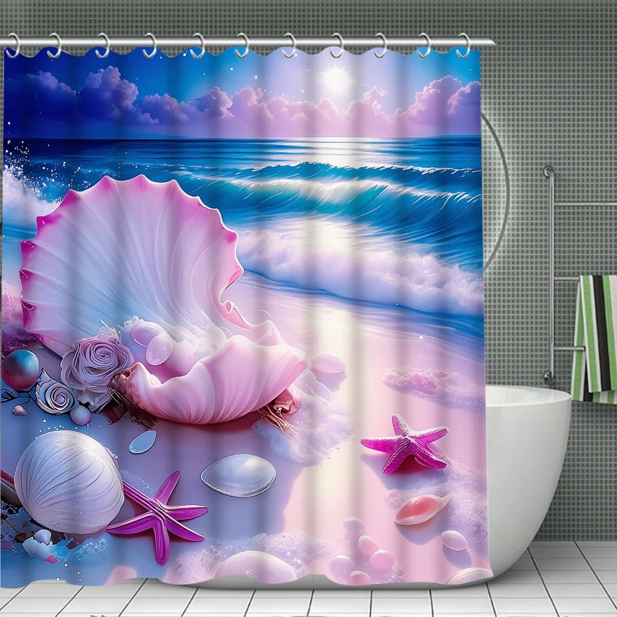 YEGRFJIS Pink Seashell Starfish Ocean Shower Curtain 145x213cm(WxL) – Romantic Sunset Beach Scenery Bathroom Curtain, Waterproof Mildew Resistant Fabric Shower Curtain and Bathroom Curtain