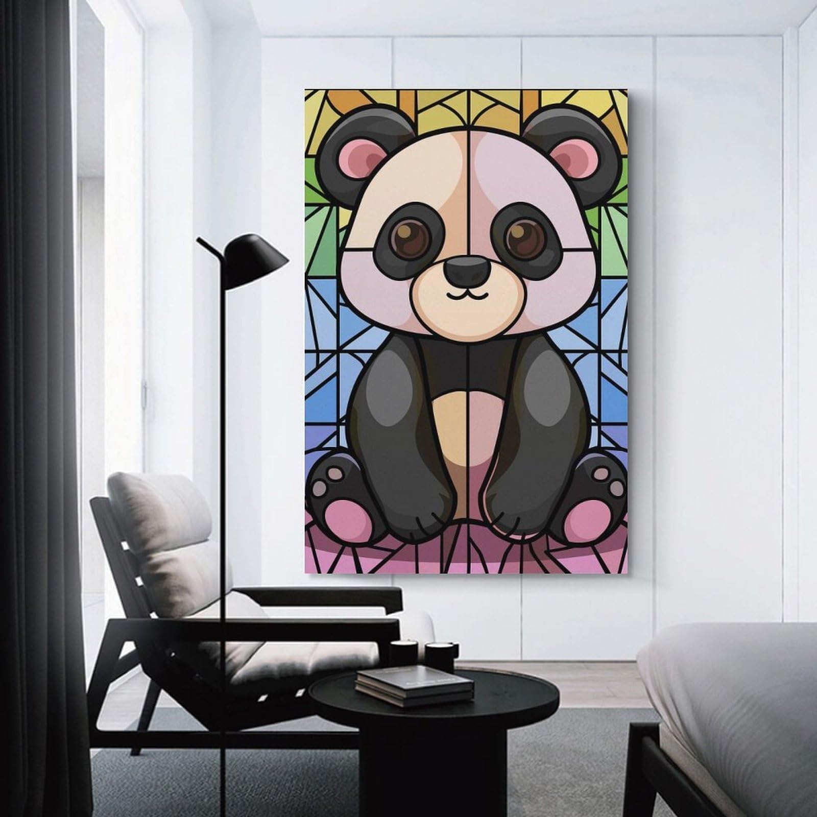 Junmoney Cute Panda Stained Glass Art Wall Picture Print 24x36inch(60x90cm), for Home Office, Desk Area Or Studio, Home Office Artwork with Decorative Appeal