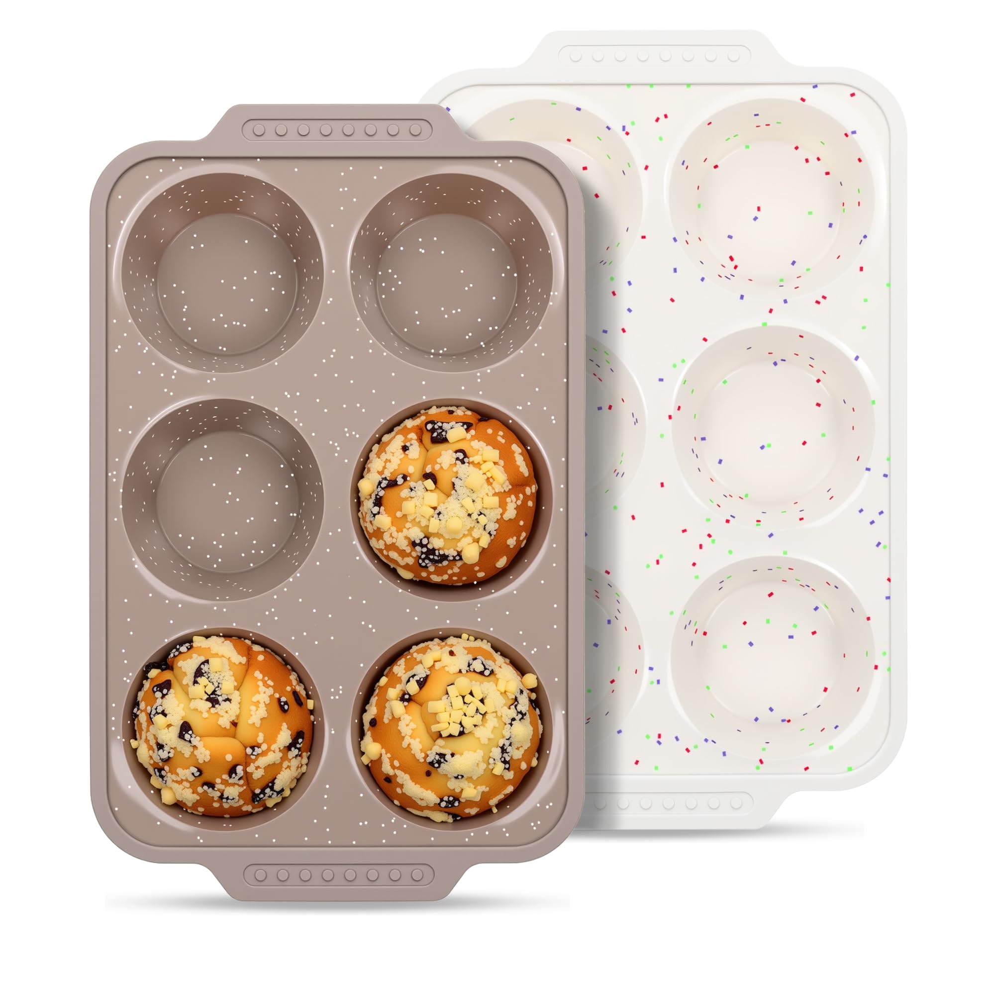 2 Pcs Silicone Jumbo Muffin Pan with Metal Frame, Non Stick Silicone Egg Molds with Handles, Round Silicone Molds for Baking for Oven, BPA Free (Brown, Cream