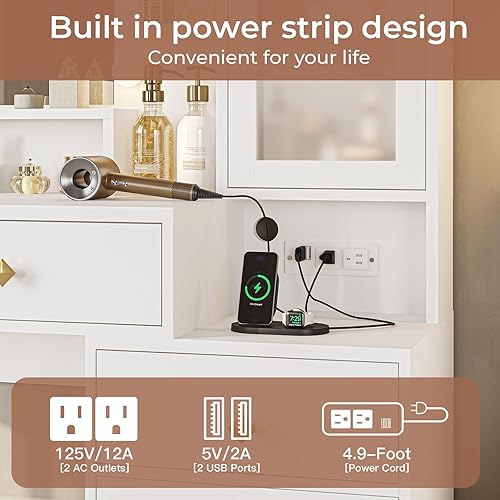 Miniatura 10 de Tiptiper Tocador de maquillaje grande con luces, mesa de tocador con estación de carga, escritorio con espejo y 10 bombillas LED, mesa de maquillaje