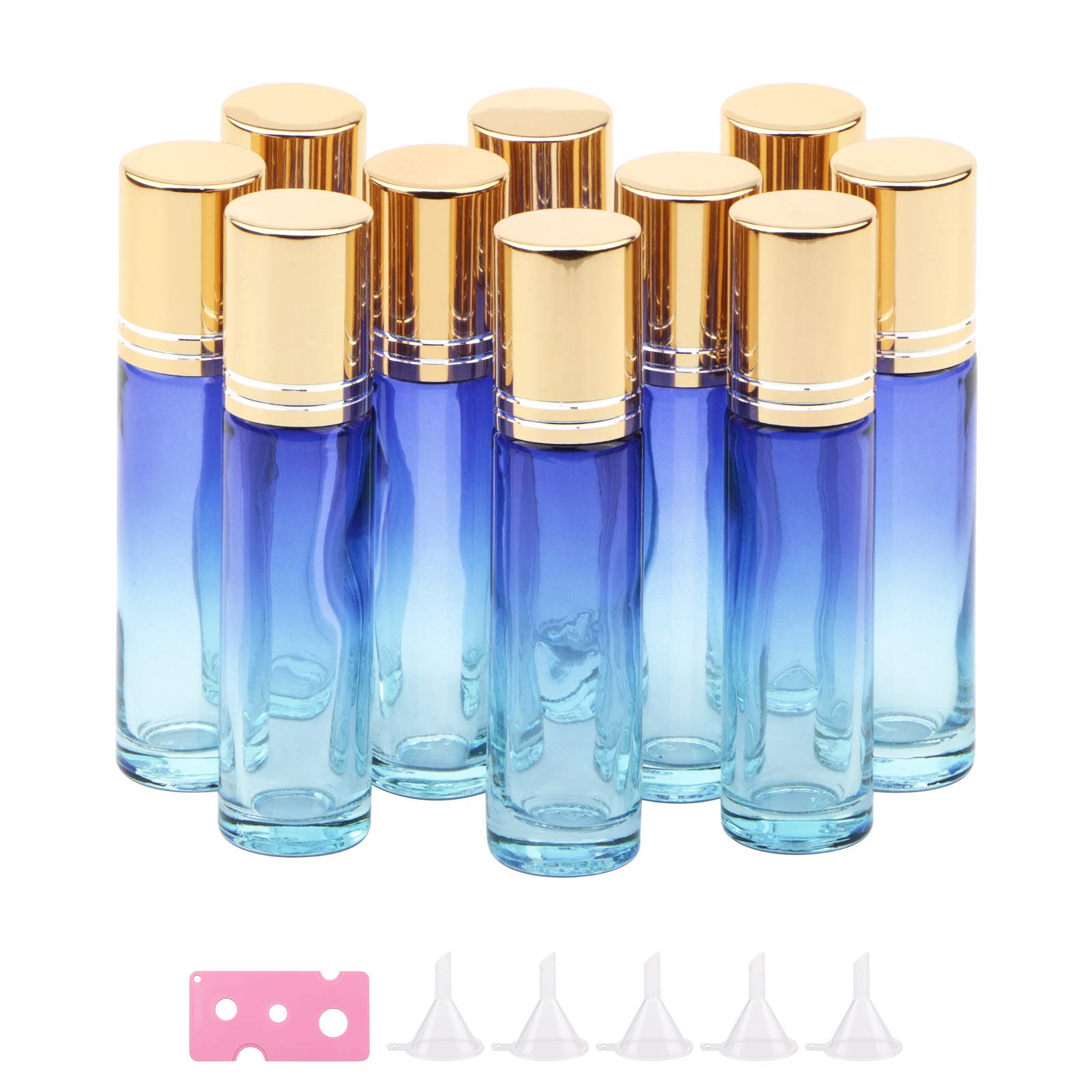 Ellbest 10pcs 10ml Rolling Glass Bottle for Essential Oil Colorful Roller Bottles with Stainless Steel Roller Balls & Funnels Reusable Bottle for Travel, Carrying Outside (Blue Gradient)