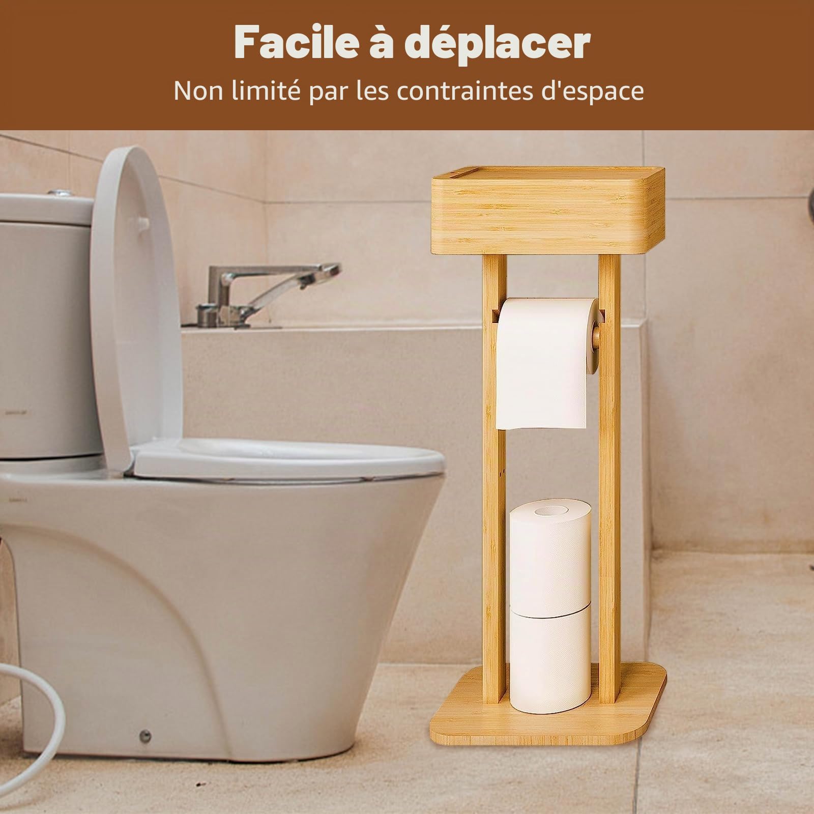 Porte Papier Toilette 4 en 1 avec Étagère de Rangement, Porte Rouleau de Papier Toilette en Bambou, Distributeur de Lingettes, Brun, Rustique Moderne