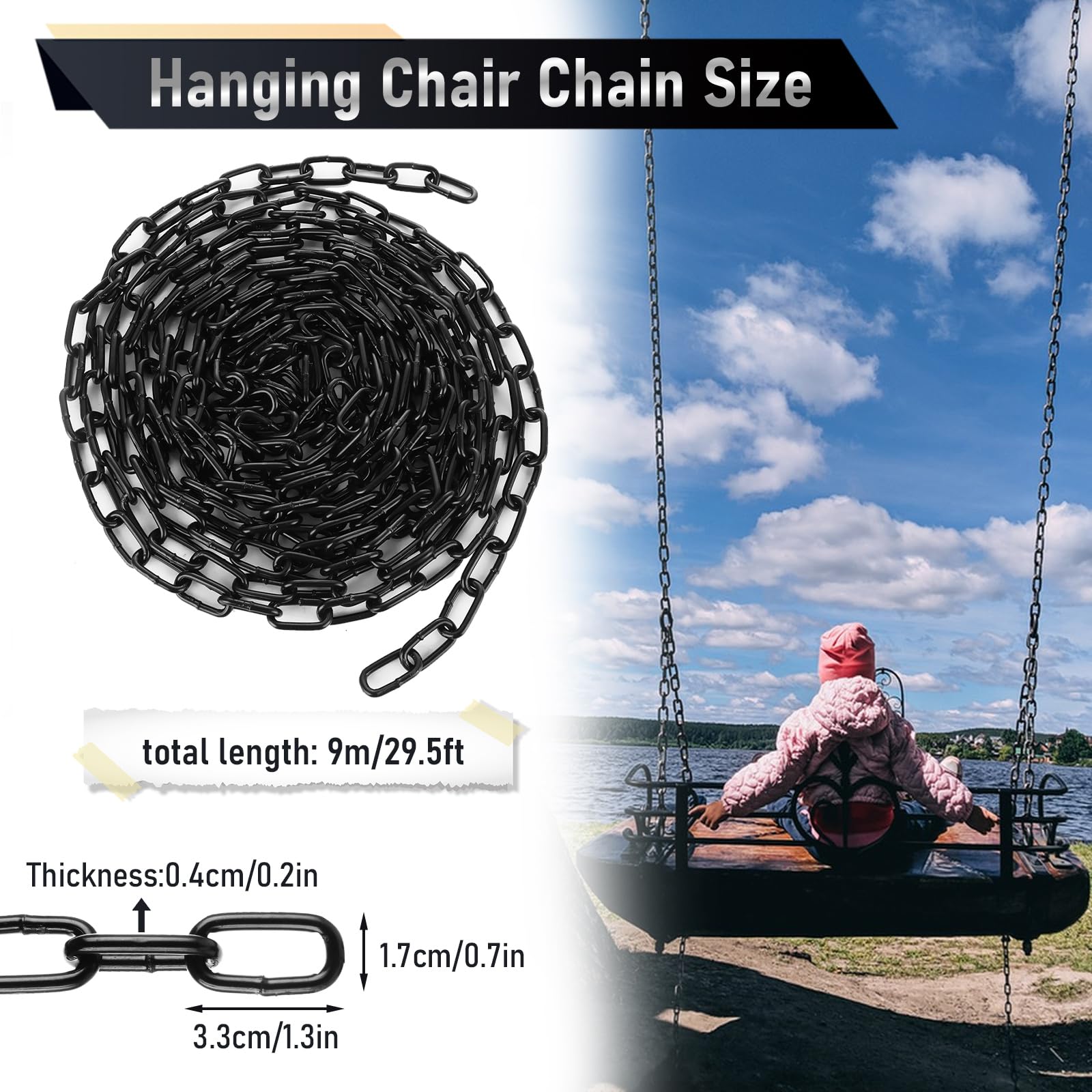 Black Chain Link 1/8", 30ft Long Heavy Duty Chain Bulk Durable Swing Chain For Hanging Plants, Anchoring, Towing, Outdoor Fence, Punching Bag, Hammock - View #10